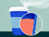 Illustration shows coffee cup with magnified section showing plastic particles.