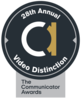 Black circle. White and gold lowercase A in the middle. Words around edge read: 28th Annual Video Distinction. Silver box below saying The Communicator Awards