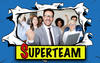 Diverse group of co-workers breaking through a comic book hole explosion titled Superteam.
