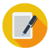 Graphic image of a document with a pen laying on it, single flat color icon