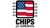 Logo has outline of computer chip with American flag design inside.