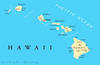 Map of the Hawaiian islands showing outlines and major cities of the islands.