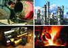 Photomontage showing concrete mixing, an oil refinery, steel production, and metal ingots. 