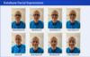 Eight images show the same person, four wearing glasses and four without, and all with different face expressions. Label says: Database Facial Expressions.