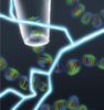 Illustration of DNA molecules entering a tube with lightning bolt in foreground