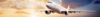 A digital graphic of an airplane flying above the clouds during sunset.