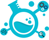 Graphic representing a round bottome flask filled with blue liquid, and a chemical structure, magnifying glass, and gears radiating off the flask.