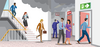 An illustration depicting office workers in a stairwell trying to take a safe exit, shown in green, during a fire emergency.