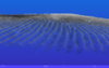 A digital artwork featuring a wavy, net-like structure against a gradient blue background. The structure creates an undulating pattern, resembling a mesh or wave, with variations in shading adding depth. Small geometric shapes are faintly visible within the design.