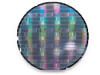 Circular sheet holds hundreds of tiny metallic rectangles reflecting rainbow colors. 