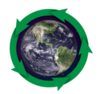 Graphic of planet Earth surrounded by a counter-clockwise loop of green arrows, symbolizing the space circular economy.