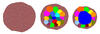 Three circles. Left: all brown. Middle: Brown with multi colored dots inside. Right: Brown with large blue dot in middle, mult-colored dots surrounding