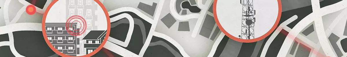 overhead graphic representing a map. Callout circles that show sensor devices on the top of a building and on a radio tower.