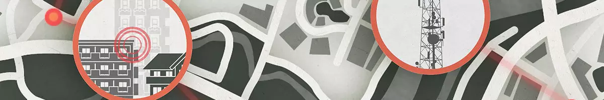 overhead graphic representing a map. Callout circles that show sensor devices on the top of a building and on a radio tower.