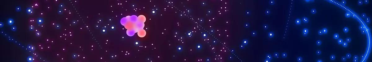 Purple-pink neutron in the middle of a background of purple and blue