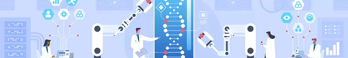 An illustration of people and robots working to engineer DNA