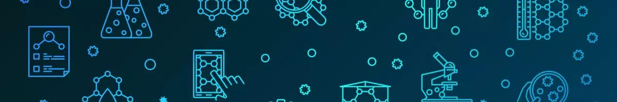 Dark blue background with light blue illustrations of bio concepts