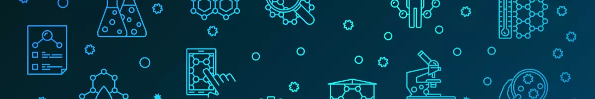 Dark blue background with light blue illustrations of bio concepts