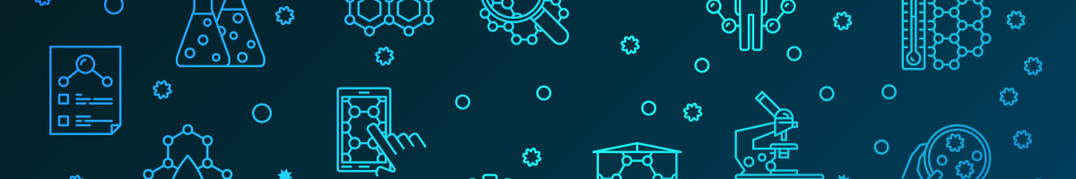 Dark blue background with light blue illustrations of bio concepts